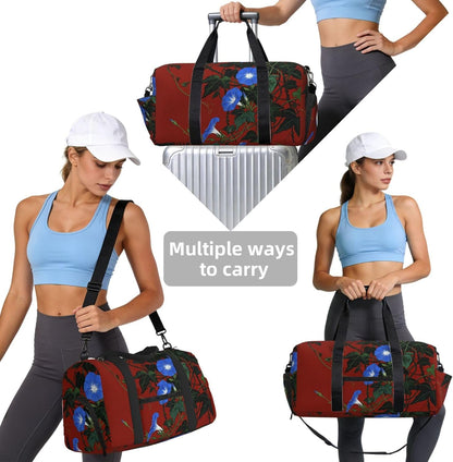 Red Green Flower Duffel Bag with Shoe Compartment-Sports Gym Weekender for Men Women, Waterproof Travel Tote with Wet Pocket for Dirty Shoes
