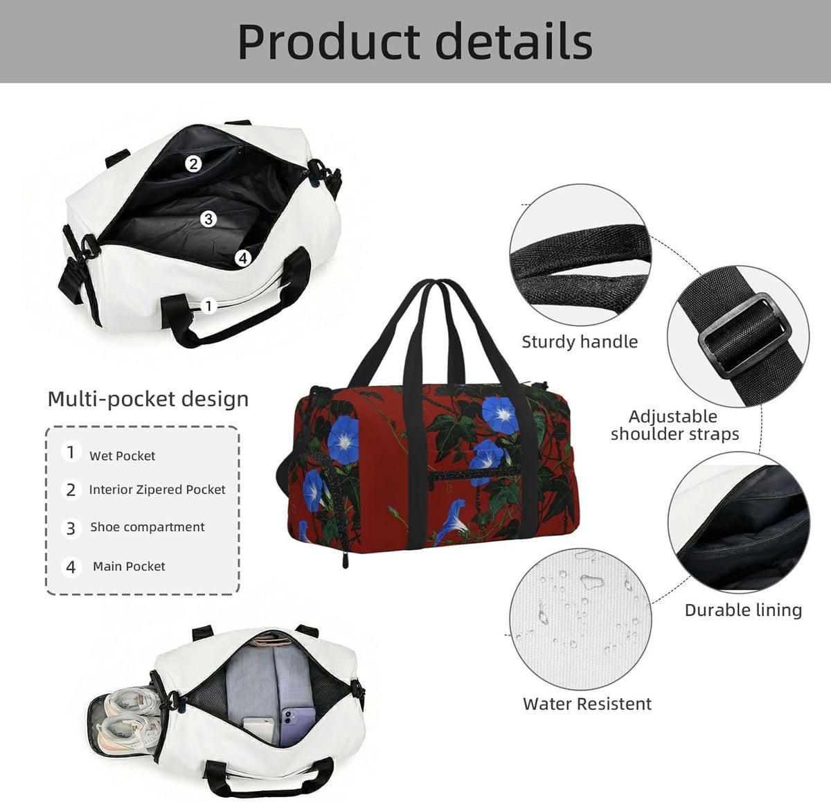 Red Green Flower Duffel Bag with Shoe Compartment-Sports Gym Weekender for Men Women, Waterproof Travel Tote with Wet Pocket for Dirty Shoes