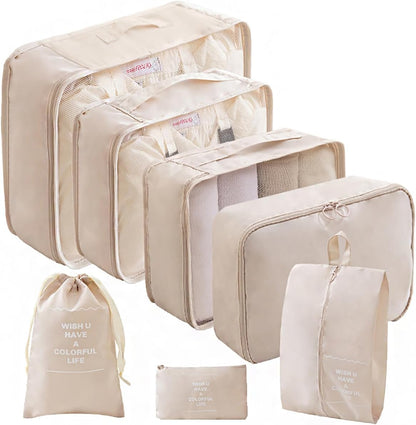 Packing Cubes for Travel - 7 Set Luggage Organizer Bags for Family, Mesh Breathable Travel Packing Cubes for Suitcases Durable Essentials Bags Set with Large Toiletries Bag(Beige)