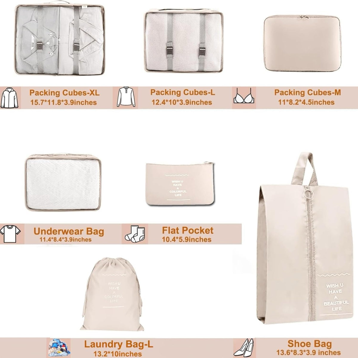Packing Cubes for Travel - 7 Set Luggage Organizer Bags for Family, Mesh Breathable Travel Packing Cubes for Suitcases Durable Essentials Bags Set with Large Toiletries Bag(Beige)