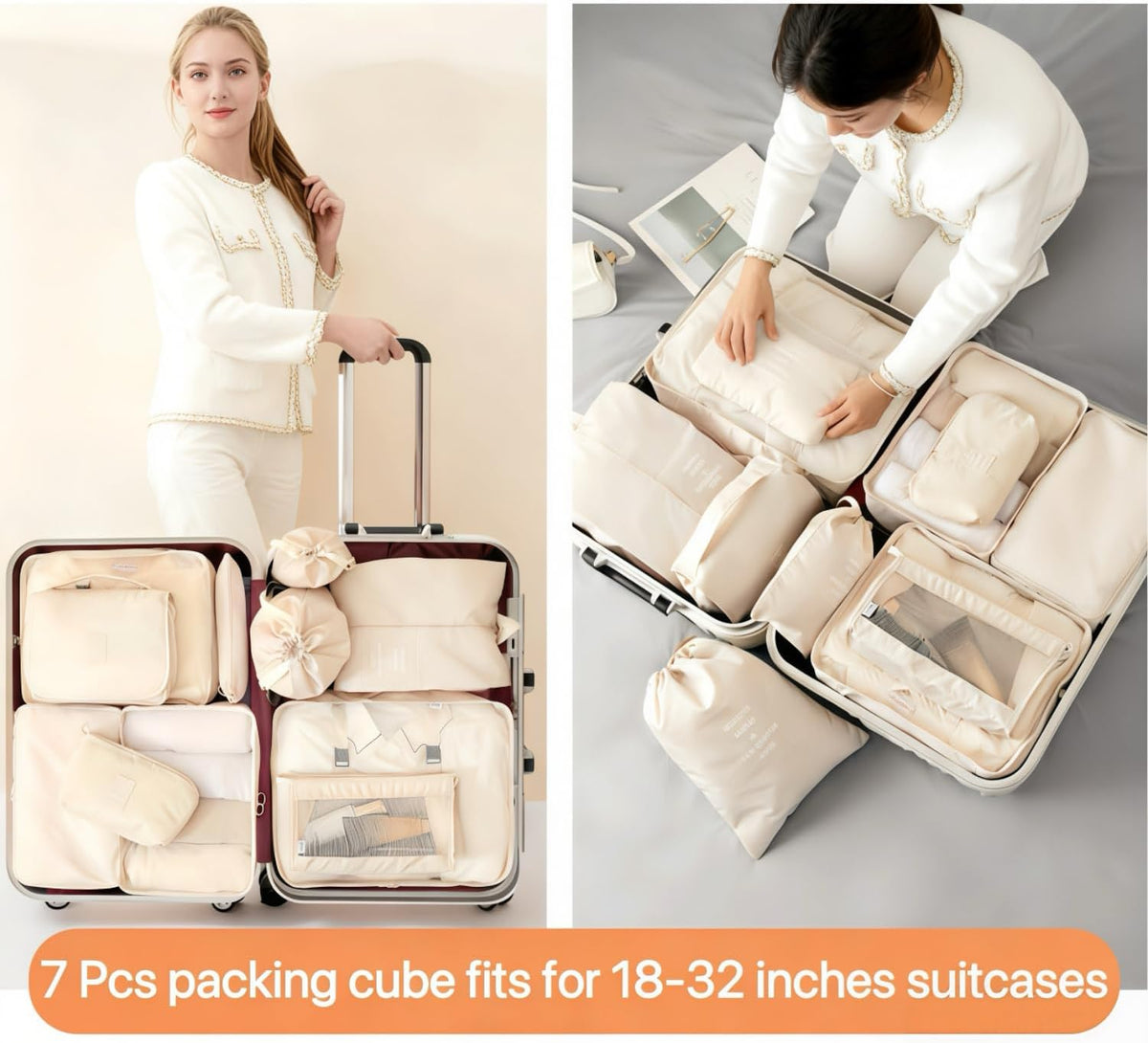 Packing Cubes for Travel - 7 Set Luggage Organizer Bags for Family, Mesh Breathable Travel Packing Cubes for Suitcases Durable Essentials Bags Set with Large Toiletries Bag(Beige)