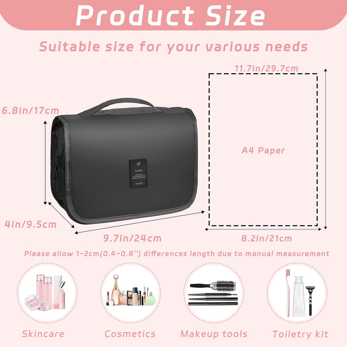 Toiletry Bag Travel Bag with Hanging Hook, Waterproof Shower Bathroom Hanging Toiletry Bag for Men Women,Small Multifunctional Makeup Cosmetic Bag,Portable Toiletries Bag Travel Organizer (Grey)
