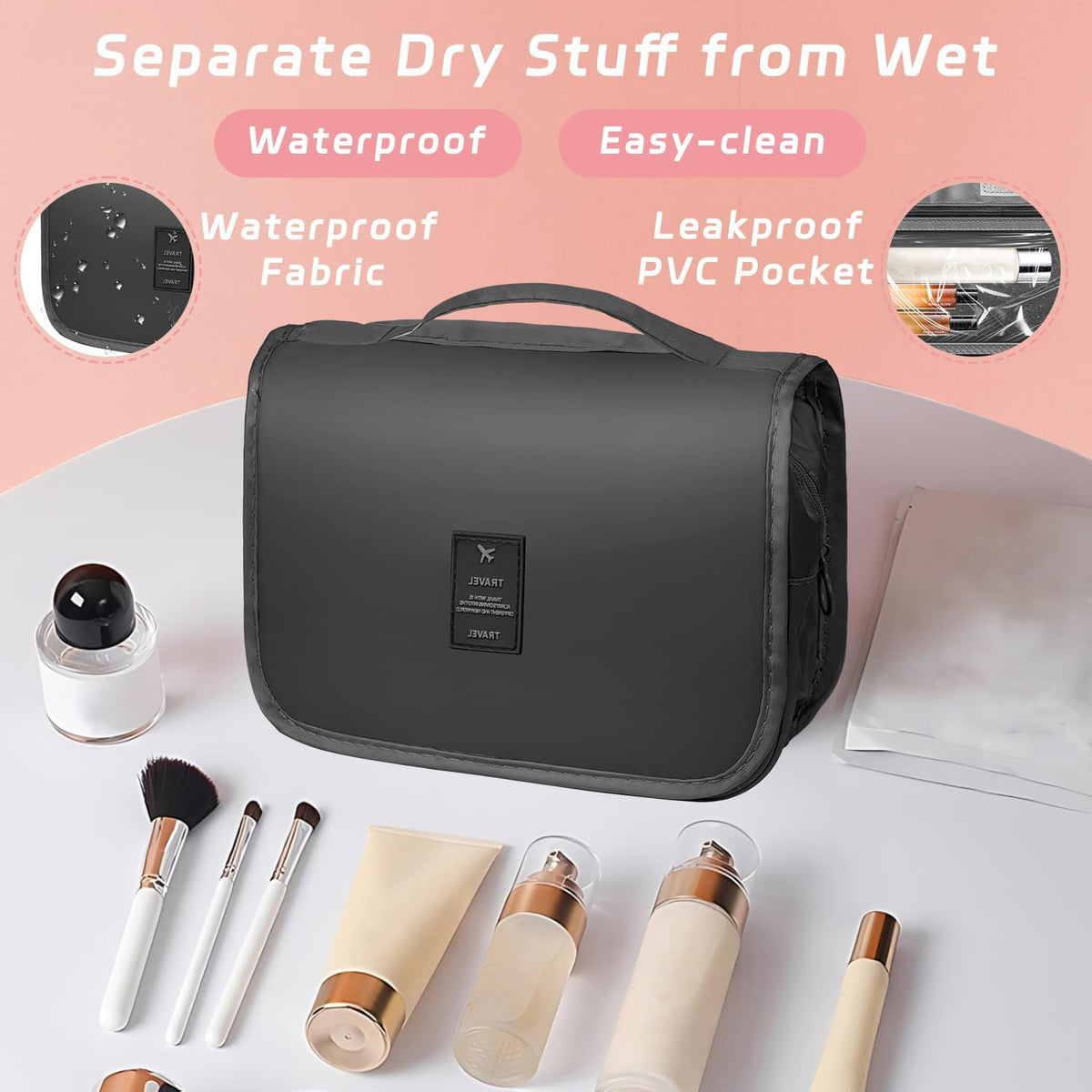Toiletry Bag Travel Bag with Hanging Hook, Waterproof Shower Bathroom Hanging Toiletry Bag for Men Women,Small Multifunctional Makeup Cosmetic Bag,Portable Toiletries Bag Travel Organizer (Grey)
