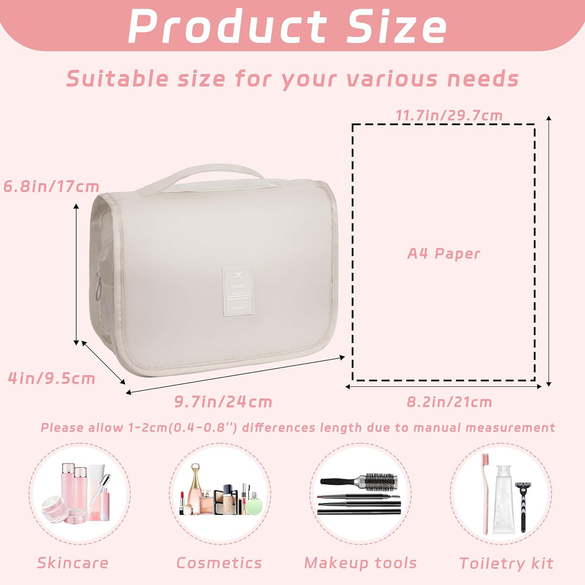 Toiletry Bag Travel Bag with Hanging Hook, Waterproof Shower Bathroom Hanging Toiletry Bag for Men Women,Small Multifunctional Makeup Cosmetic Bag,Portable Toiletries Bag Travel Organizer (Grey)