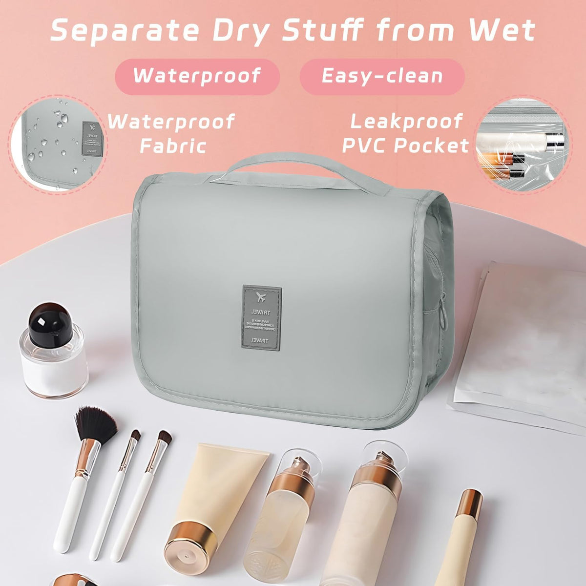 Toiletry Bag Travel Bag with Hanging Hook, Waterproof Shower Bathroom Hanging Toiletry Bag for Men Women,Small Multifunctional Makeup Cosmetic Bag,Portable Toiletries Bag Travel Organizer (Grey)