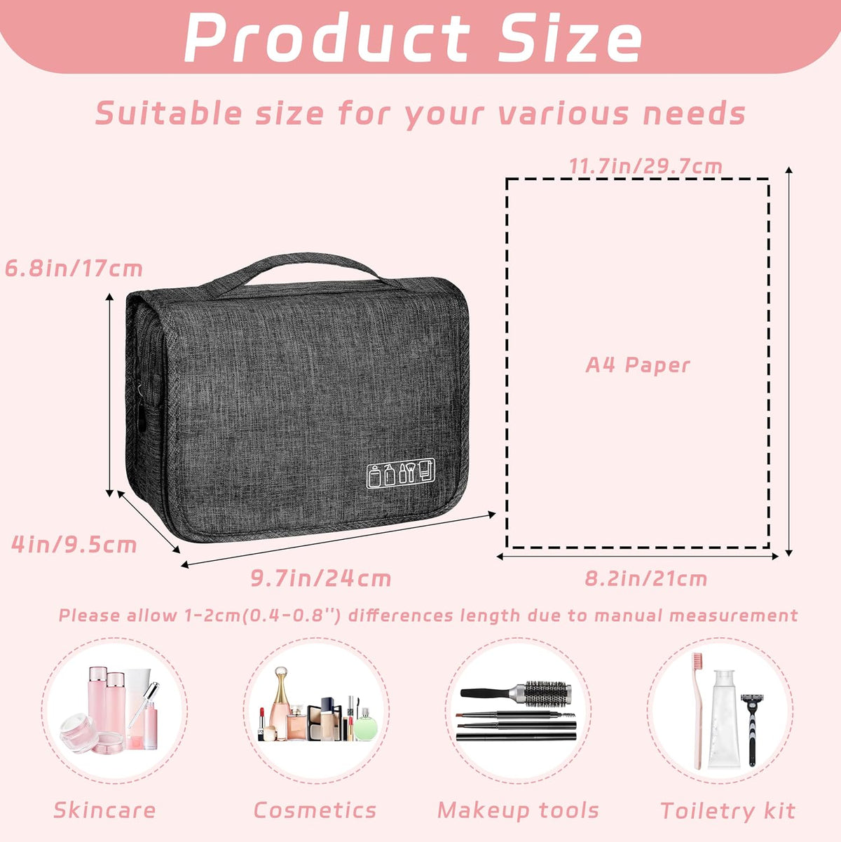 Toiletry Bag Travel Bag with Hanging Hook, Waterproof Shower Bathroom Hanging Toiletry Bag for Men Women,Small Multifunctional Makeup Cosmetic Bag,Portable Toiletries Bag Travel Organizer (Grey)