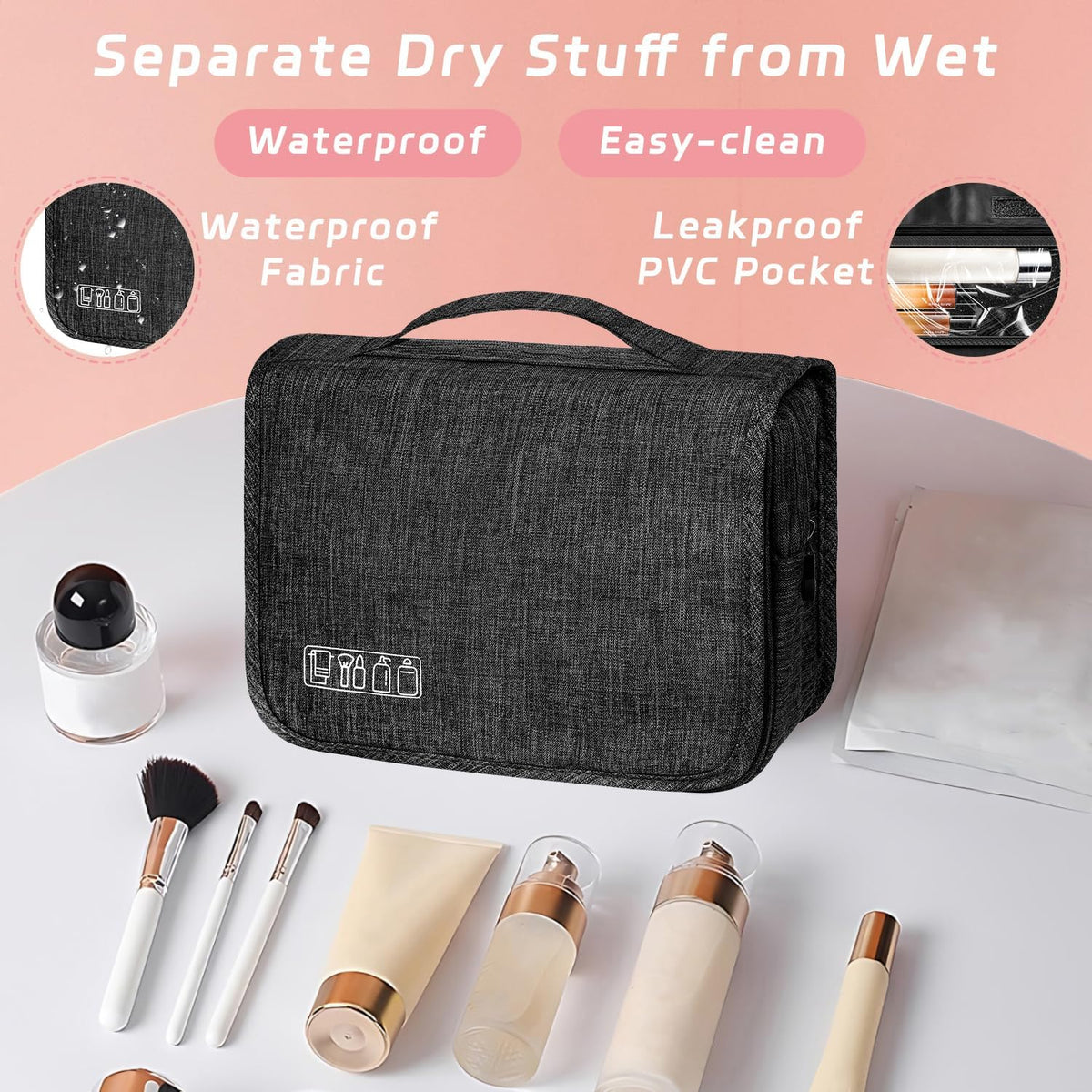 Toiletry Bag Travel Bag with Hanging Hook, Waterproof Shower Bathroom Hanging Toiletry Bag for Men Women,Small Multifunctional Makeup Cosmetic Bag,Portable Toiletries Bag Travel Organizer (Grey)