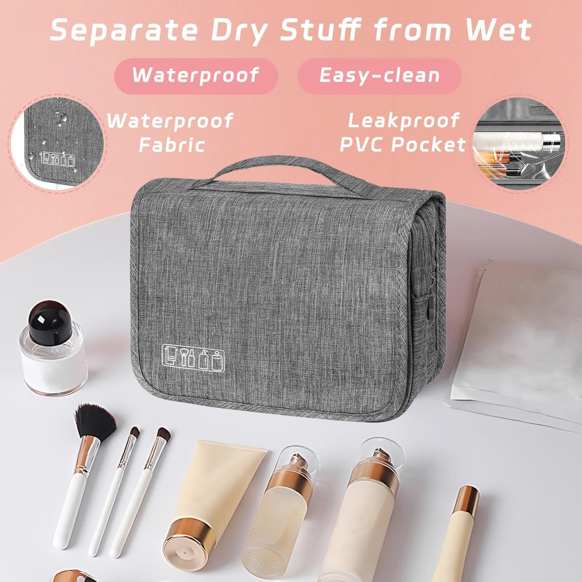 Toiletry Bag Travel Bag with Hanging Hook, Waterproof Shower Bathroom Hanging Toiletry Bag for Men Women,Small Multifunctional Makeup Cosmetic Bag,Portable Toiletries Bag Travel Organizer (Grey)