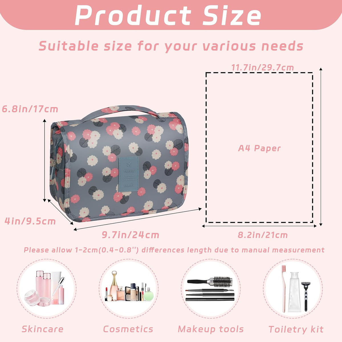 Toiletry Bag Travel Bag with Hanging Hook, Waterproof Shower Bathroom Hanging Toiletry Bag for Men Women,Small Multifunctional Makeup Cosmetic Bag,Portable Toiletries Bag Travel Organizer (Grey)