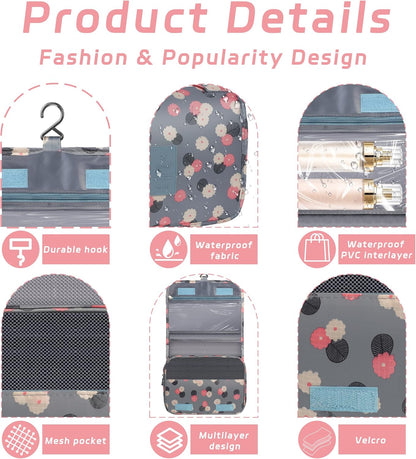 Toiletry Bag Travel Bag with Hanging Hook, Waterproof Shower Bathroom Hanging Toiletry Bag for Men Women,Small Multifunctional Makeup Cosmetic Bag,Portable Toiletries Bag Travel Organizer (Grey)