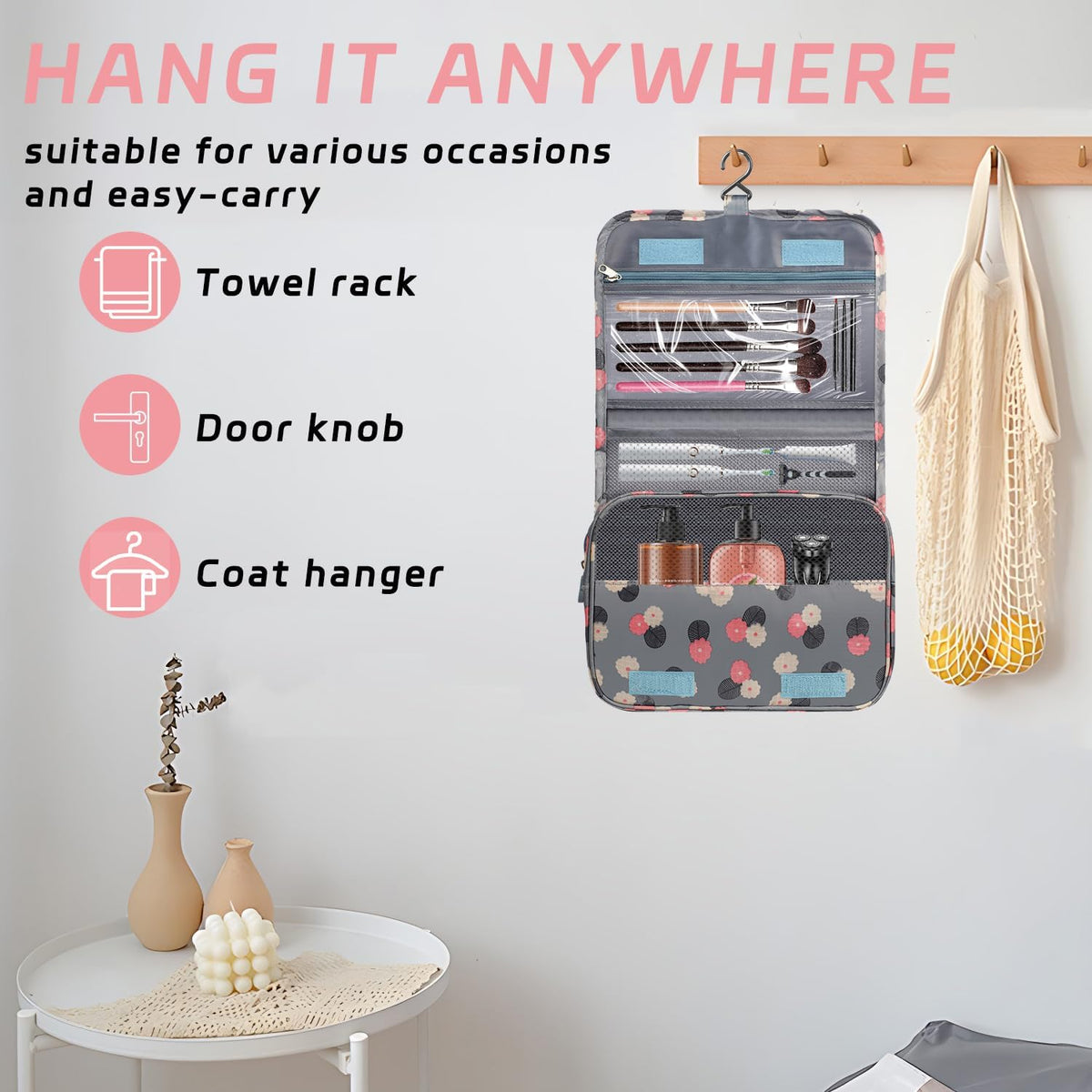 Toiletry Bag Travel Bag with Hanging Hook, Waterproof Shower Bathroom Hanging Toiletry Bag for Men Women,Small Multifunctional Makeup Cosmetic Bag,Portable Toiletries Bag Travel Organizer (Grey)