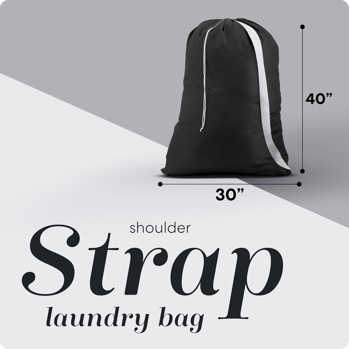 Bag Shoulder Strap Extra Large - Drawstring Locking Closure, Durable Material, Heavy Duty Stitching, Hands Free Carrying - Perfect College Dorm (Black, 30" x 40")
