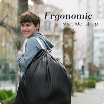 Bag Shoulder Strap Extra Large - Drawstring Locking Closure, Durable Material, Heavy Duty Stitching, Hands Free Carrying - Perfect College Dorm (Black, 30" x 40")