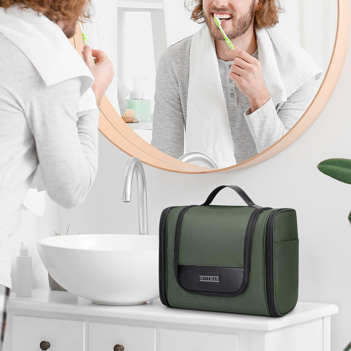 Toiletry Bag for Men Nylon Hanging Water-resistant Shaving Dopp Kit | With Dry-wet Separation Pocket, Multi-pockets for Organized Storage, Lightweight, For Travel, Bathroom, B690 Army Green