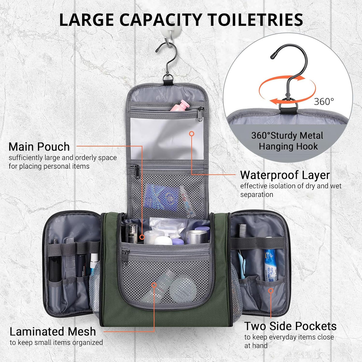 Toiletry Bag for Men Nylon Hanging Water-resistant Shaving Dopp Kit | With Dry-wet Separation Pocket, Multi-pockets for Organized Storage, Lightweight, For Travel, Bathroom, B690 Army Green