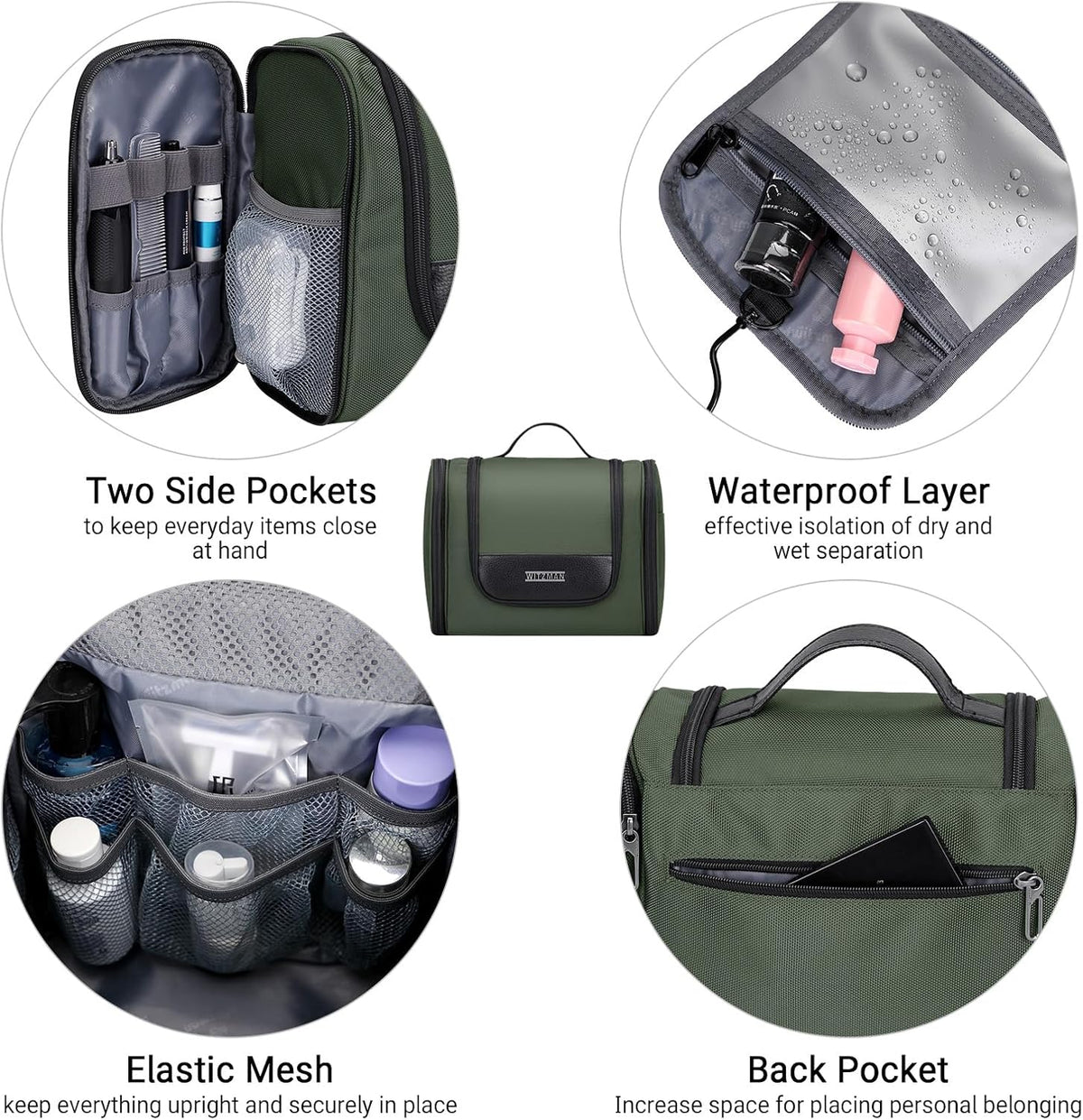 Toiletry Bag for Men Nylon Hanging Water-resistant Shaving Dopp Kit | With Dry-wet Separation Pocket, Multi-pockets for Organized Storage, Lightweight, For Travel, Bathroom, B690 Army Green