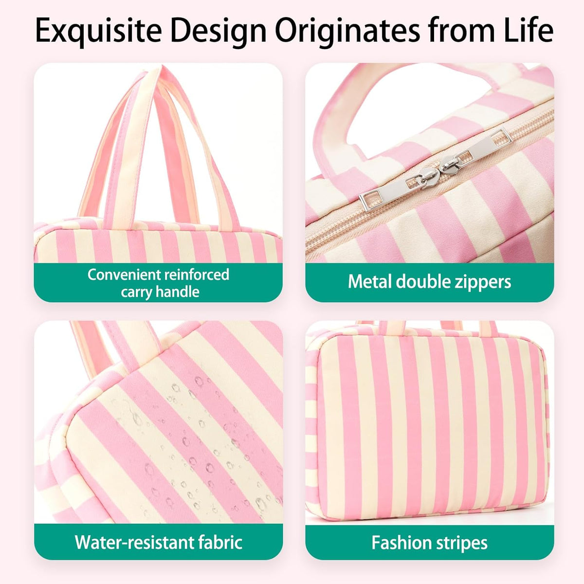 Toiletry Bag for Women Travel Water-resistant Cosmetic Bag Fashion Stripes Makeup Bag with Hanging Hook Preppy for Store Toiletries Cosmetic Accessories Medium Pink