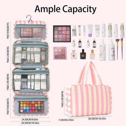 Toiletry Bag for Women Travel Water-resistant Cosmetic Bag Fashion Stripes Makeup Bag with Hanging Hook Preppy for Store Toiletries Cosmetic Accessories Medium Pink