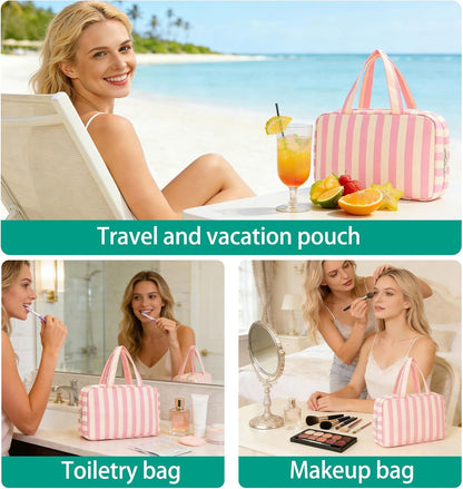 Toiletry Bag for Women Travel Water-resistant Cosmetic Bag Fashion Stripes Makeup Bag with Hanging Hook Preppy for Store Toiletries Cosmetic Accessories Medium Pink