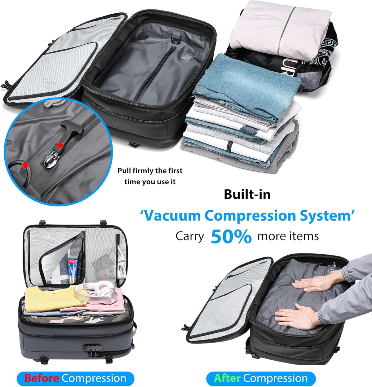 Vacuum Backpack Travel with Pump, 60L Expandable Airbag Travel Backpack, Travel Backpack with Vacuum System, TSA Lock, USB Charging Port, Water Resistant