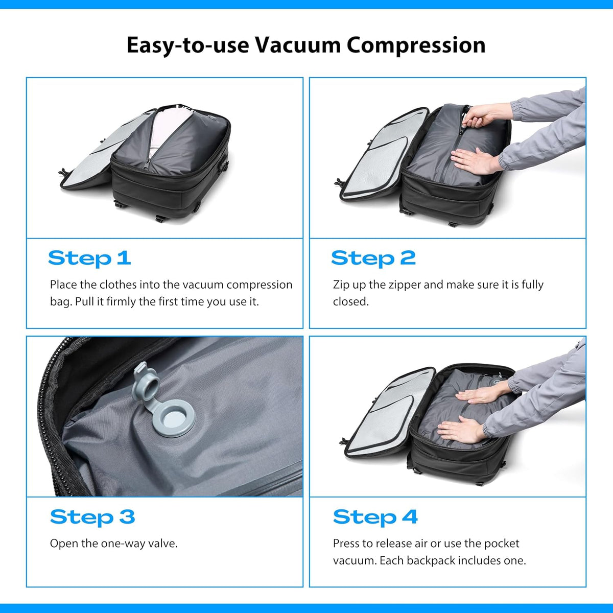 Vacuum Backpack Travel with Pump, 60L Expandable Airbag Travel Backpack, Travel Backpack with Vacuum System, TSA Lock, USB Charging Port, Water Resistant
