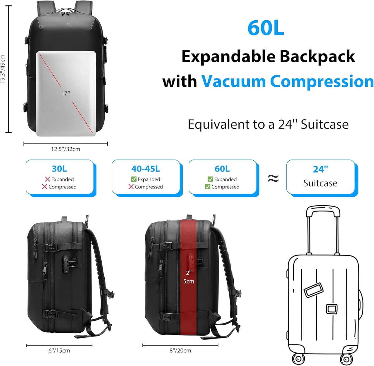 Vacuum Backpack Travel with Pump, 60L Expandable Airbag Travel Backpack, Travel Backpack with Vacuum System, TSA Lock, USB Charging Port, Water Resistant