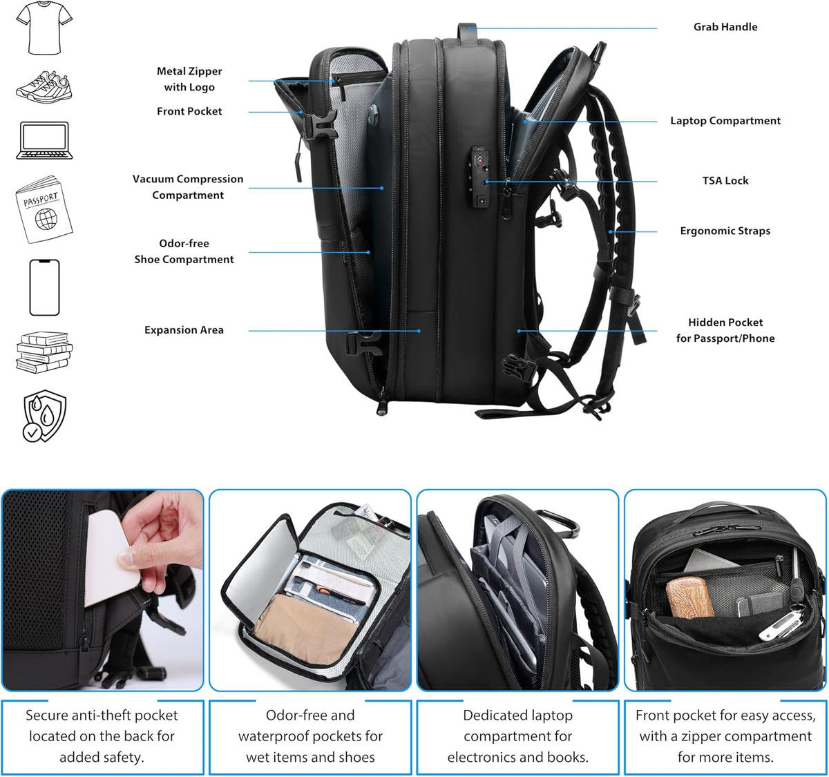 Vacuum Backpack Travel with Pump, 60L Expandable Airbag Travel Backpack, Travel Backpack with Vacuum System, TSA Lock, USB Charging Port, Water Resistant