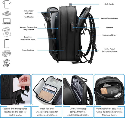 Vacuum Backpack Travel with Pump, 60L Expandable Airbag Travel Backpack, Travel Backpack with Vacuum System, TSA Lock, USB Charging Port, Water Resistant