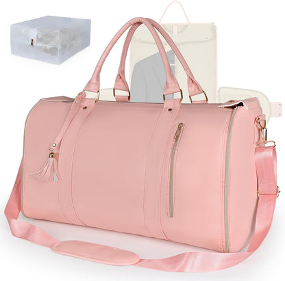 Convertible Garment Bag for Travel, 45L Carry On Garment Duffle Bag for Men Women with Shoe Compartment & Shoulder Strap, PU Leather, 2 in 1 Hanging Suitcase Suit Bags Weekender Overnight Bags Pink