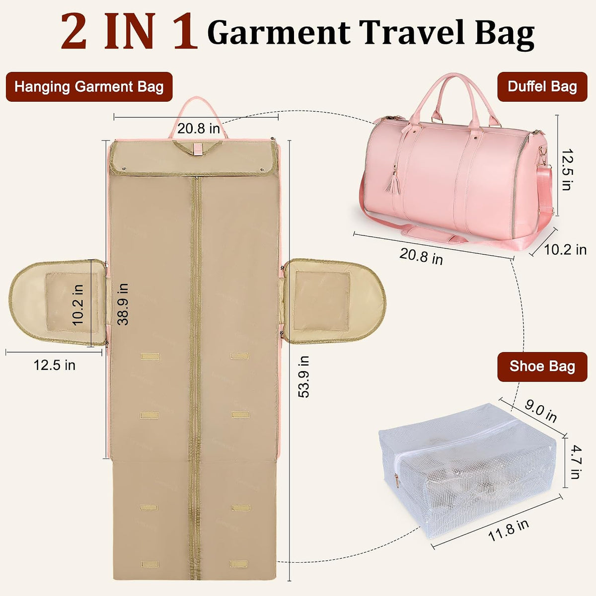 Convertible Garment Bag for Travel, 45L Carry On Garment Duffle Bag for Men Women with Shoe Compartment & Shoulder Strap, PU Leather, 2 in 1 Hanging Suitcase Suit Bags Weekender Overnight Bags Pink