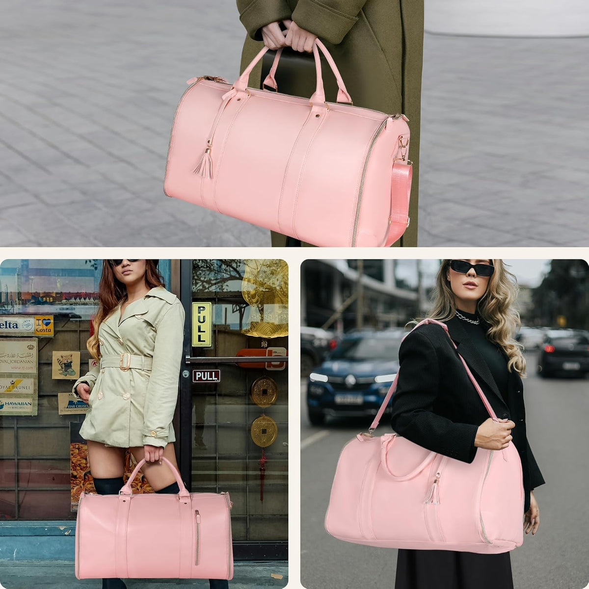Convertible Garment Bag for Travel, 45L Carry On Garment Duffle Bag for Men Women with Shoe Compartment & Shoulder Strap, PU Leather, 2 in 1 Hanging Suitcase Suit Bags Weekender Overnight Bags Pink