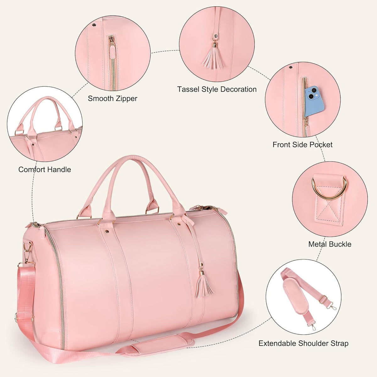 Convertible Garment Bag for Travel, 45L Carry On Garment Duffle Bag for Men Women with Shoe Compartment & Shoulder Strap, PU Leather, 2 in 1 Hanging Suitcase Suit Bags Weekender Overnight Bags Pink