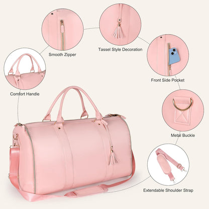 Convertible Garment Bag for Travel, 45L Carry On Garment Duffle Bag for Men Women with Shoe Compartment & Shoulder Strap, PU Leather, 2 in 1 Hanging Suitcase Suit Bags Weekender Overnight Bags Pink