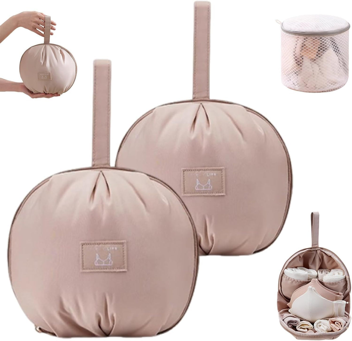 Lingerie Storage Bag Set, Waterproof and Foldable, Multi-compartment Storage Bag, Portable Bra Bag for Travel and Home (White+Pink)