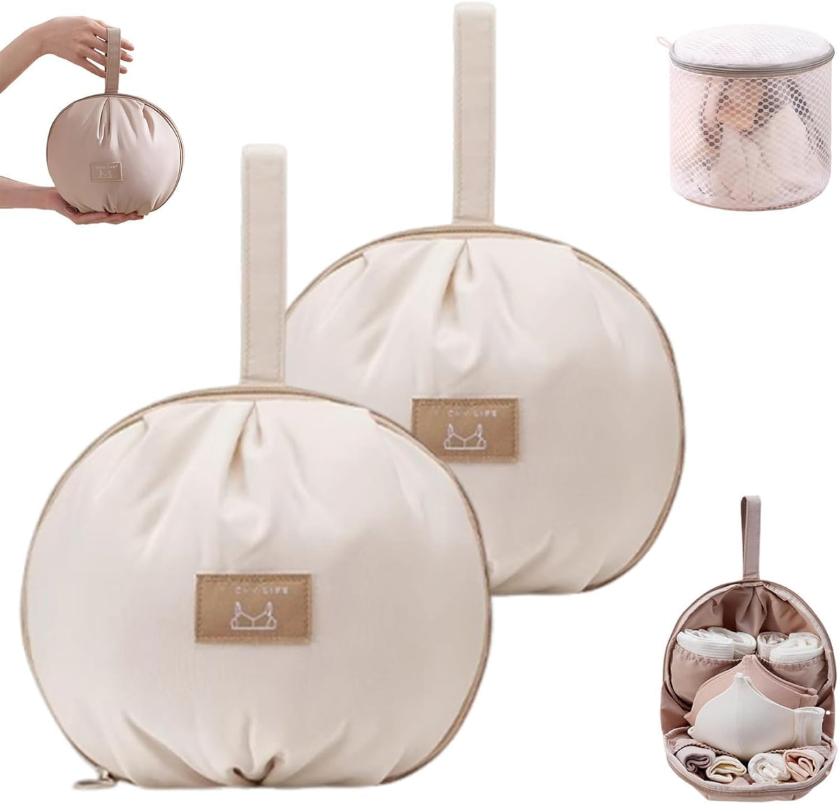 Lingerie Storage Bag Set, Waterproof and Foldable, Multi-compartment Storage Bag, Portable Bra Bag for Travel and Home (White+Pink)
