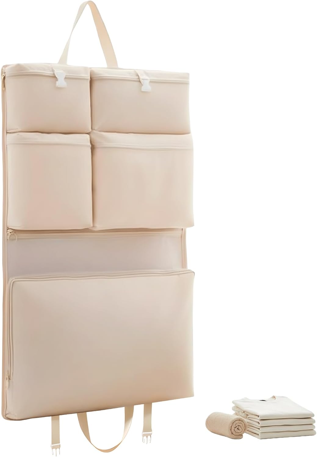 Travel Hanging Organizer, 6-in-1 Closet Suitcase with Multi-Layer Pockets, Portable Packing Cubes For Travel to Neatly Store Clothes and Underwear in Beige, 8.3x6.7x2 in