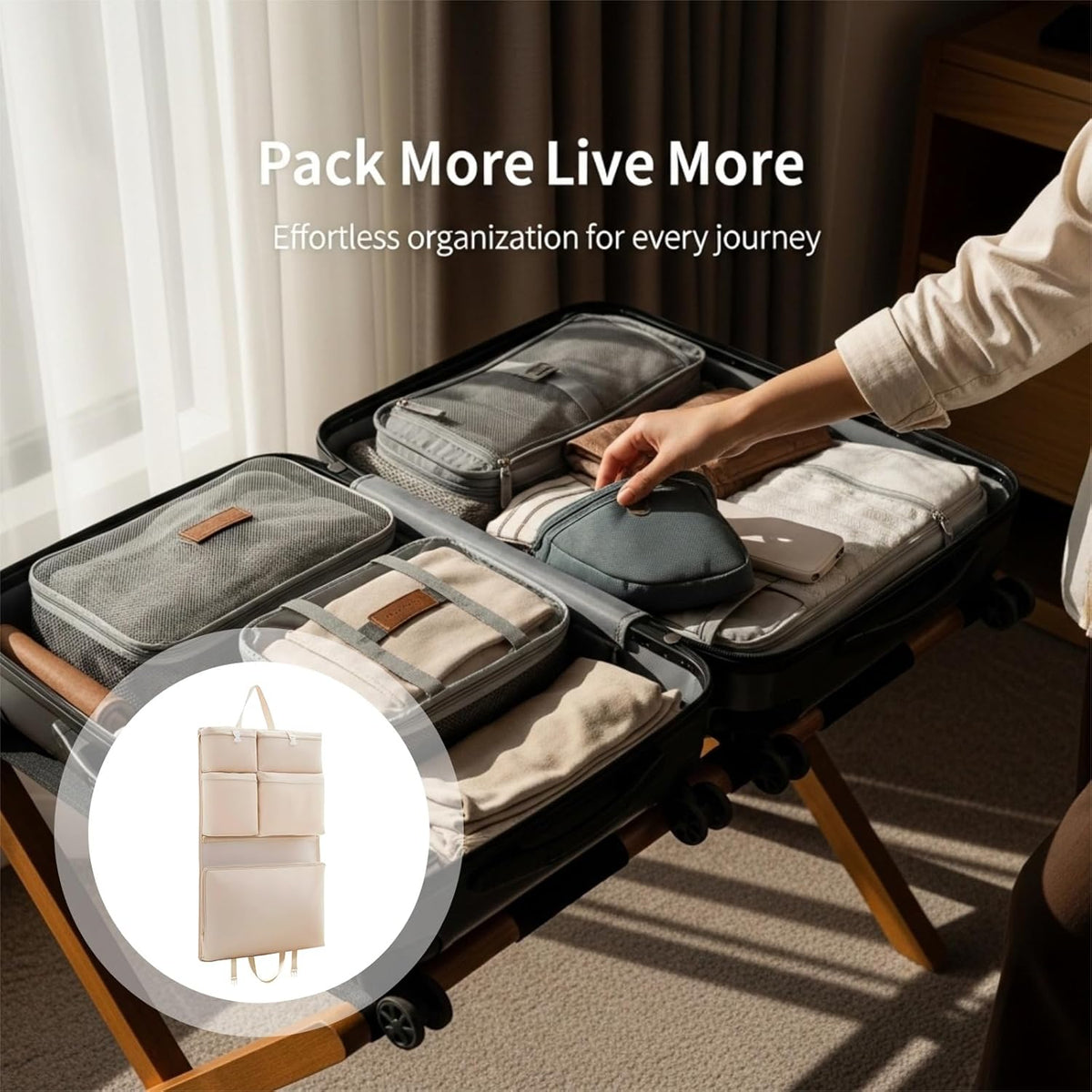 Travel Hanging Organizer, 6-in-1 Closet Suitcase with Multi-Layer Pockets, Portable Packing Cubes For Travel to Neatly Store Clothes and Underwear in Beige, 8.3x6.7x2 in