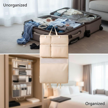 Travel Hanging Organizer, 6-in-1 Closet Suitcase with Multi-Layer Pockets, Portable Packing Cubes For Travel to Neatly Store Clothes and Underwear in Beige, 8.3x6.7x2 in