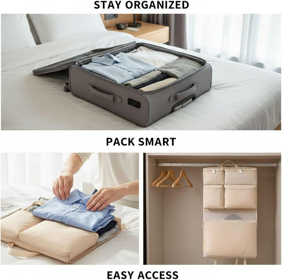 Travel Hanging Organizer, 6-in-1 Closet Suitcase with Multi-Layer Pockets, Portable Packing Cubes For Travel to Neatly Store Clothes and Underwear in Beige, 8.3x6.7x2 in