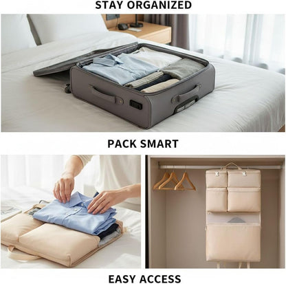 Travel Hanging Organizer, 6-in-1 Closet Suitcase with Multi-Layer Pockets, Portable Packing Cubes For Travel to Neatly Store Clothes and Underwear in Beige, 8.3x6.7x2 in