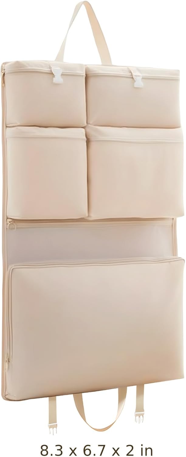 Travel Hanging Organizer, 6-in-1 Closet Suitcase with Multi-Layer Pockets, Portable Packing Cubes For Travel to Neatly Store Clothes and Underwear in Beige, 8.3x6.7x2 in