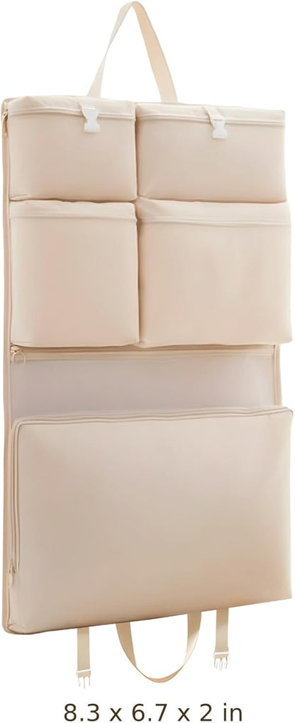 Travel Hanging Organizer, 6-in-1 Closet Suitcase with Multi-Layer Pockets, Portable Packing Cubes For Travel to Neatly Store Clothes and Underwear in Beige, 8.3x6.7x2 in