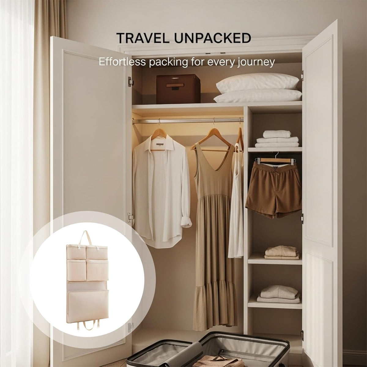 Travel Hanging Organizer, 6-in-1 Closet Suitcase with Multi-Layer Pockets, Portable Packing Cubes For Travel to Neatly Store Clothes and Underwear in Beige, 8.3x6.7x2 in