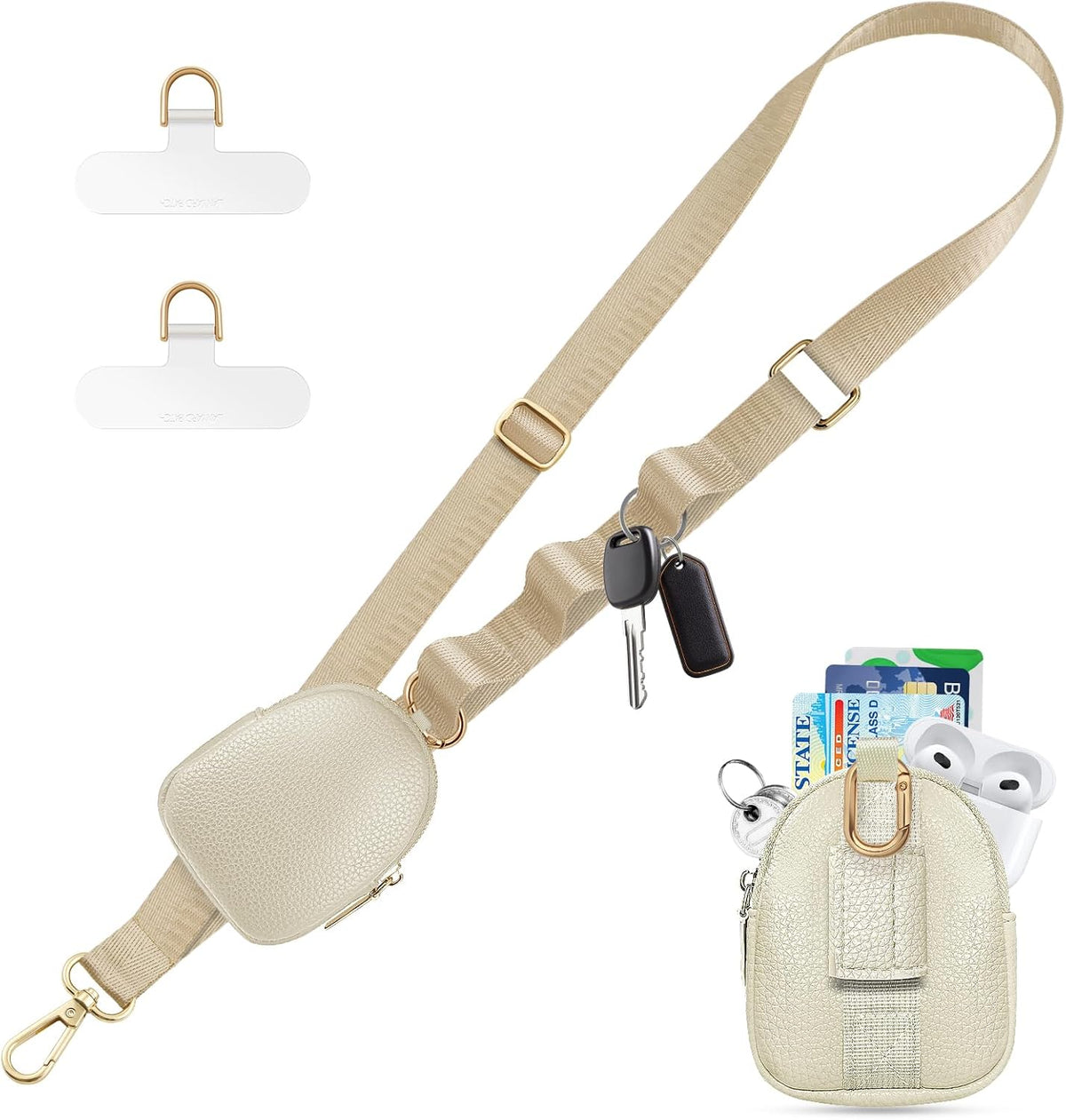 Adjustable Clip and Go Strap with Zippered Pouch Phone Lanyard Crossbody With Wallet for Shopping&Travel Anti-Theft Phone Strap with 1*clasp 2* Clear Lanyard Tether Tabs(Khaki)
