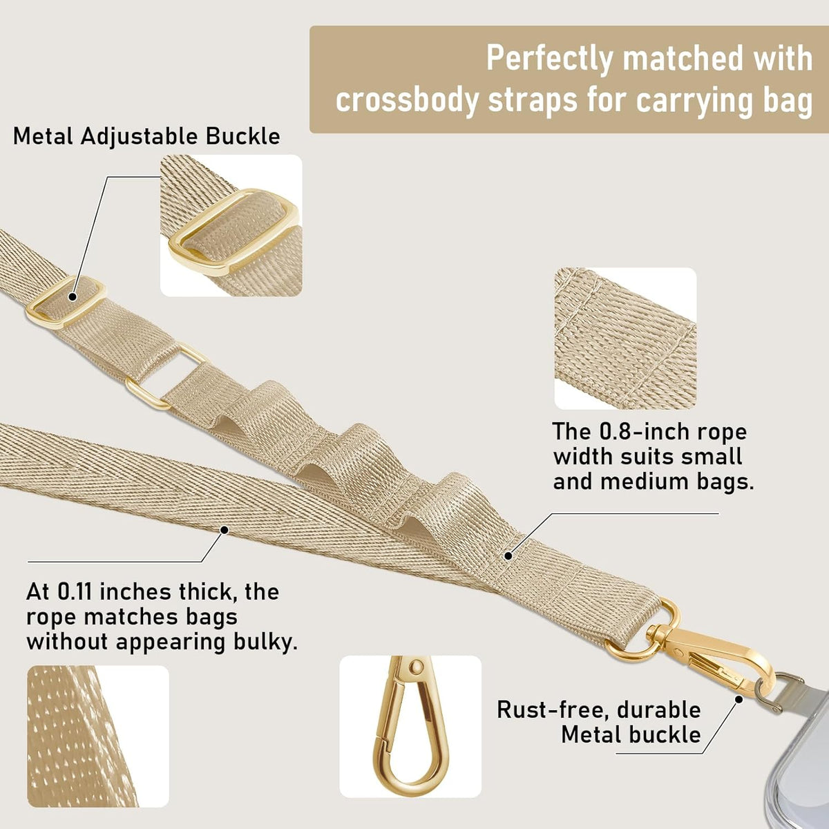 Adjustable Clip and Go Strap with Zippered Pouch Phone Lanyard Crossbody With Wallet for Shopping&Travel Anti-Theft Phone Strap with 1*clasp 2* Clear Lanyard Tether Tabs(Khaki)