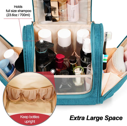 Travel Hanging Toiletry Bag for Women and Men, 6 Organizer Compartments, Holds Full Size Bottles, Extra Large Cosmetic Accessories, Makeup essentials, Bathroom Water-resistant Toiletries Bag, Black