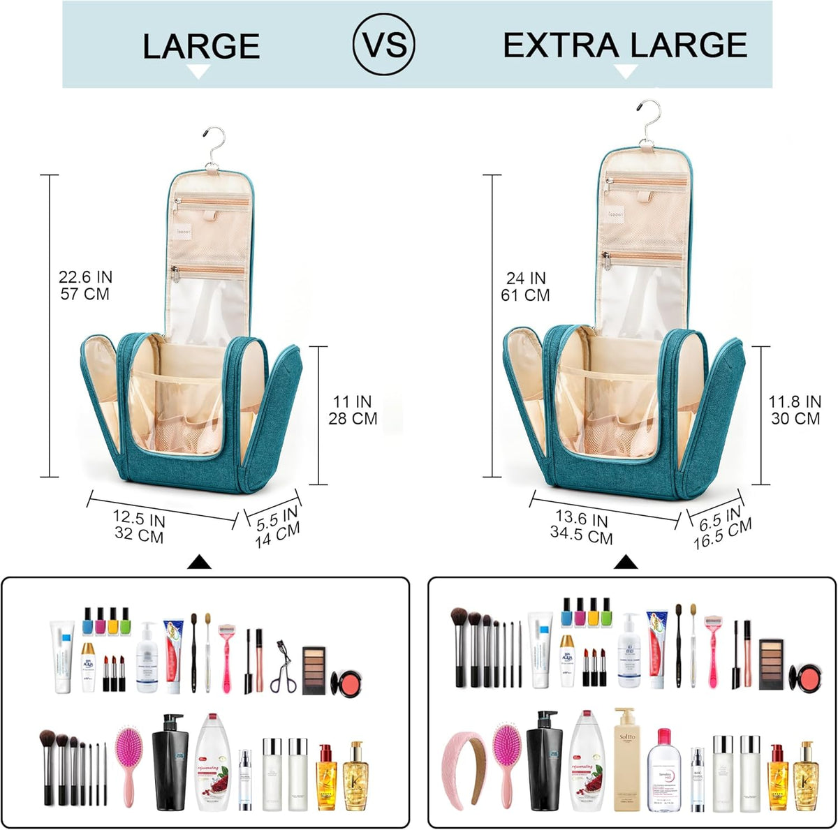 Travel Hanging Toiletry Bag for Women and Men, 6 Organizer Compartments, Holds Full Size Bottles, Extra Large Cosmetic Accessories, Makeup essentials, Bathroom Water-resistant Toiletries Bag, Black