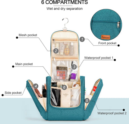 Travel Hanging Toiletry Bag for Women and Men, 6 Organizer Compartments, Holds Full Size Bottles, Extra Large Cosmetic Accessories, Makeup essentials, Bathroom Water-resistant Toiletries Bag, Black