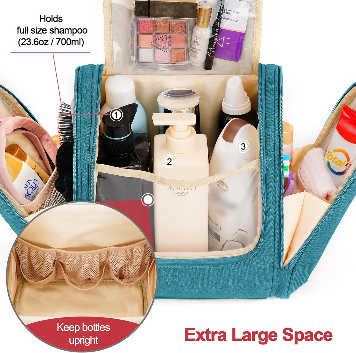 Travel Hanging Toiletry Bag for Women and Men, 6 Organizer Compartments, Holds Full Size Bottles, Extra Large Cosmetic Accessories, Makeup essentials, Bathroom Water-resistant Toiletries Bag, Black