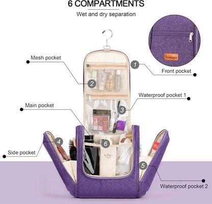 Travel Hanging Toiletry Bag for Women and Men, 6 Organizer Compartments, Holds Full Size Bottles, Extra Large Cosmetic Accessories, Makeup essentials, Bathroom Water-resistant Toiletries Bag, Black